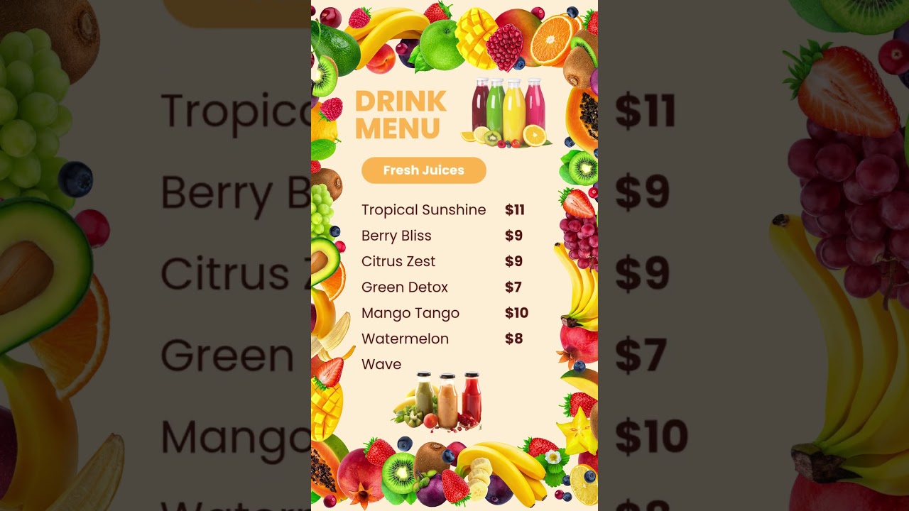 Fresh & Fruity Digital Drink Menus!  Juice Bar Template Showcase#digitalmenu #restaurantmenu #fruit
