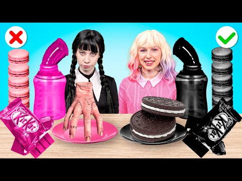 Pink VS Black Food Challenge! Wednesday VS Enid | Funny Food Situations