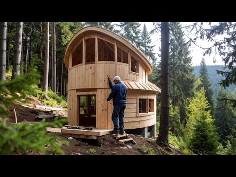 Een man wil in het bos wonen. Hij bouwde een huis in de bergen.