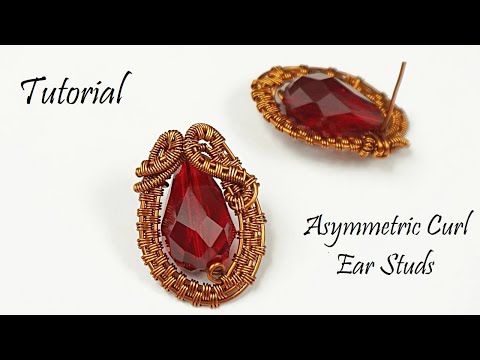 Wire wrapped asymmetric curl stud earrings Tutorial, how to make tear drop bead wire weave earrings