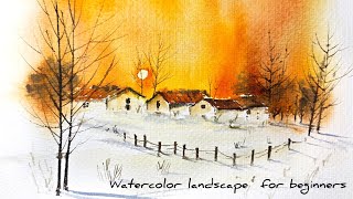 Easy Winter Watercolor Landscape  | Cozy Sunset Painting for Beginners