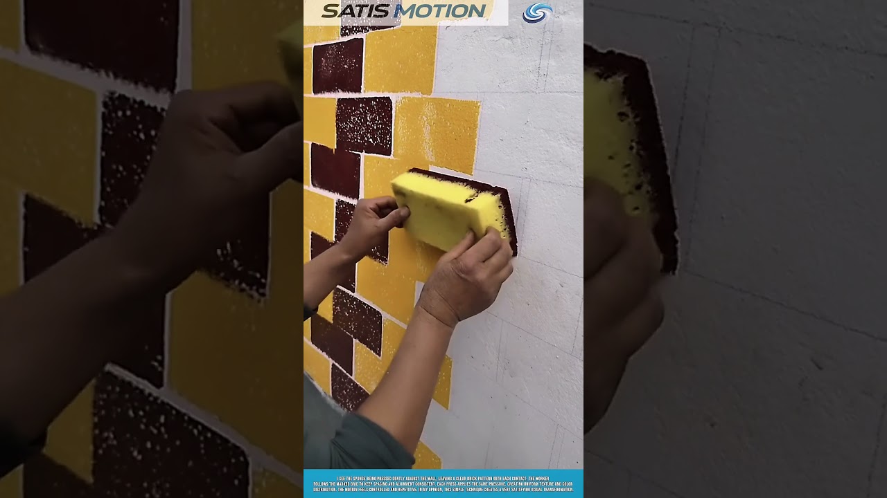 Pressing Sponge Against Wall Creating Even Brick Pattern Texture
