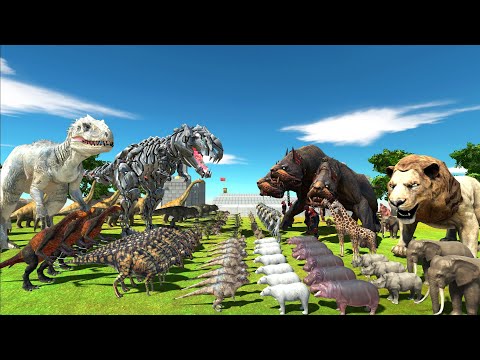 Dinosaurs Revolt Battle with Indominus Rex + Tek Rex vs Team Lion + 3 Head Dog - Who will win?