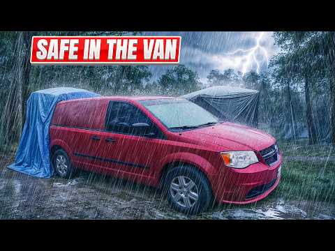 Van Camping in a Thunderstorm with Heavy Rain, attached Tent Shelter  - Car Camping Van life