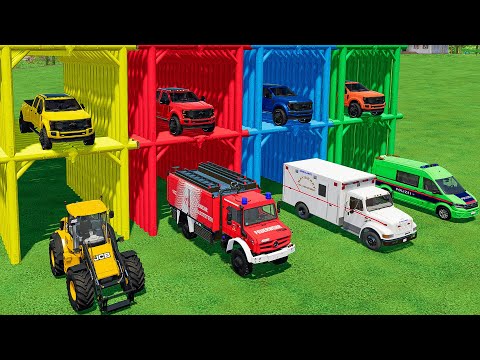 TRANSPORT OF COLORS ! FIRE DEPARTMENT, AMBULANCE, LOADER, POLICE MINIBUS, FORD RAPTOR PICKUP! FS22