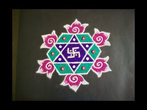 Simple Swasthika Rangoli Design with Beautiful Colours & Dots 5x3 | Easy Daily Kolam |Flower Rangoli