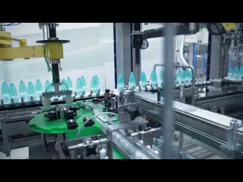 Gravimetric filling of cosmetics in PET bottles integrated into packaging machine from Schubert