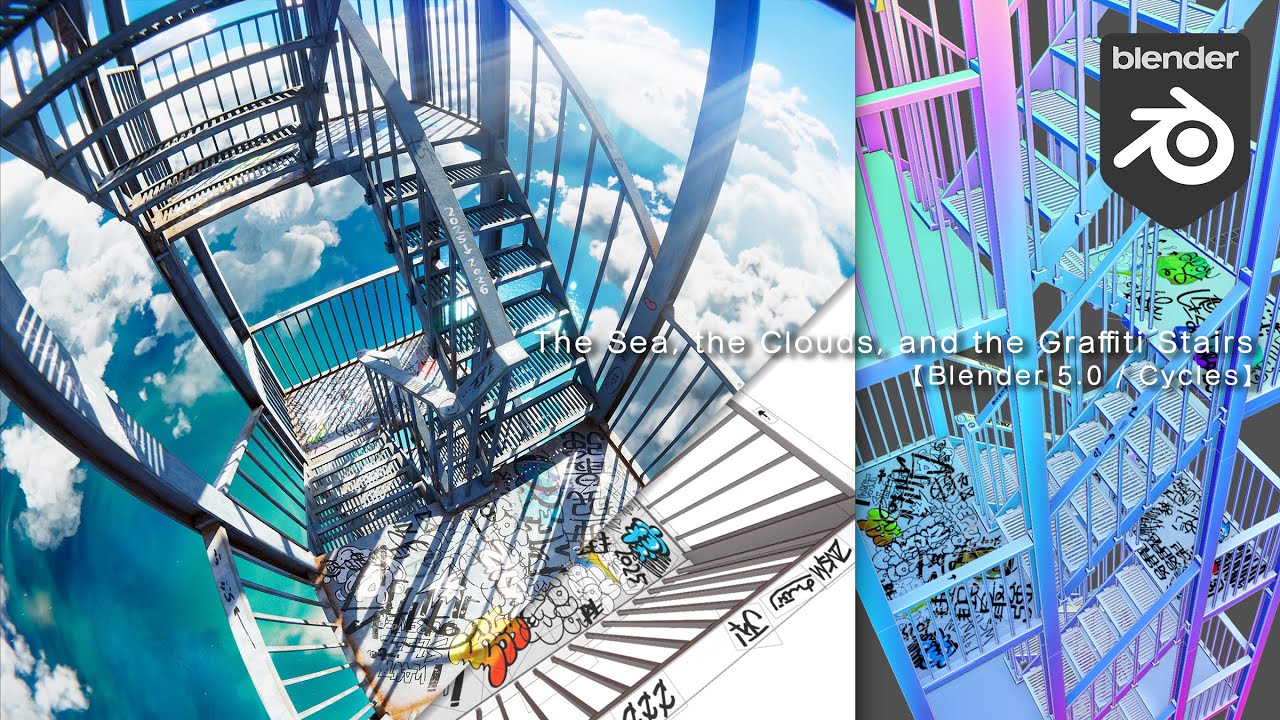 【3DCG】海と雲と落書きの階段【Blender 5.0 / Cycles】