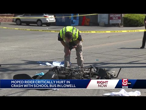 Moped rider loses part of leg in bus crash