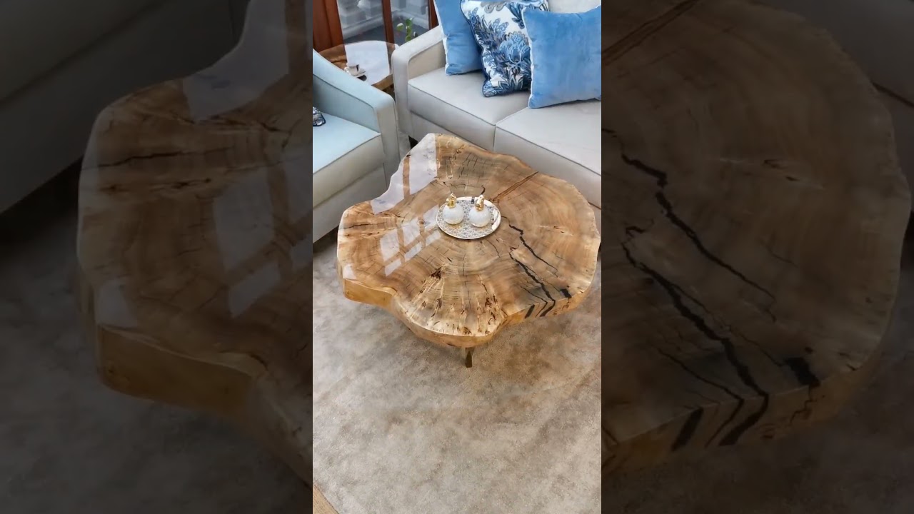 Wood slab coffee table Stolik kawowy ALBERO do salonu złoty z plastra drewna glamour z linii NATUREL
