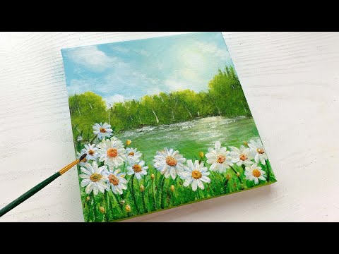 Daisy Flower Garden by the Lake / Easy Summer Painting for Beginners / Flower Field Acrylic Painting