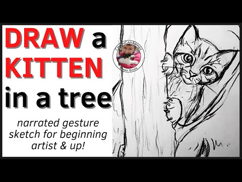 How to Draw a Kitten climbing a Tree with paws & claws, simple sketch tutorial, beginner artist & up