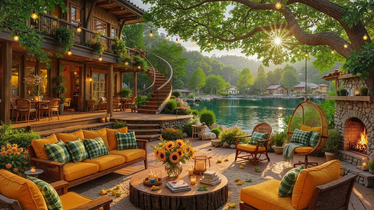 Early Summer Jazz at the Riverside Porch Ambience | Warm Fireplace Glow & Bird Sounds for Relaxing