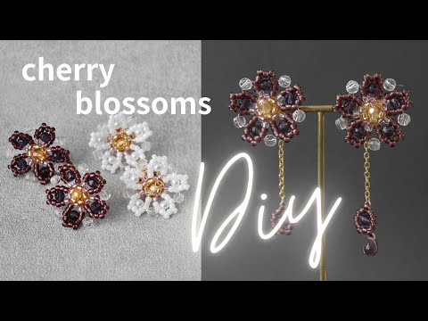 Beaded Earrings Tutorial | Burgundy Cherry Blossom Earrings｜３D flower jewelry