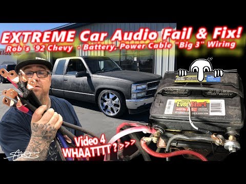 Extreme Car Audio FAIL & Fix - "Bucket o' BASS" Chevy - Battery, Power Cable, & Door Panels Video 4