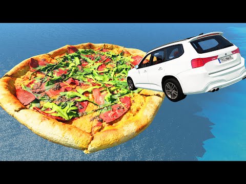 Jumping Cars Bridge Over Giant Pizza - Beamng Drive TrainWorld
