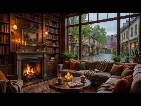 Gentle Rainy Day At Cozy Coffee Shop | Relaxing Jazz Melodies, Fireplace & Rain Sounds For Peace