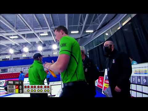 Kyler Kleibrink breaks curling broom / Dave Merklinger mops the ice / Tanner Horgan unburns a stone