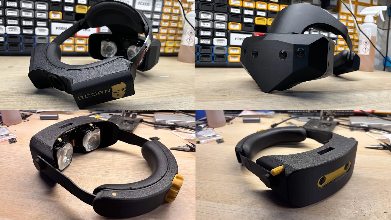 Four views of black 3D-printed Vector Gear and Andromeda prototype headsets on a workbench, two showing the lens assemblies and two showing the front camera arrays