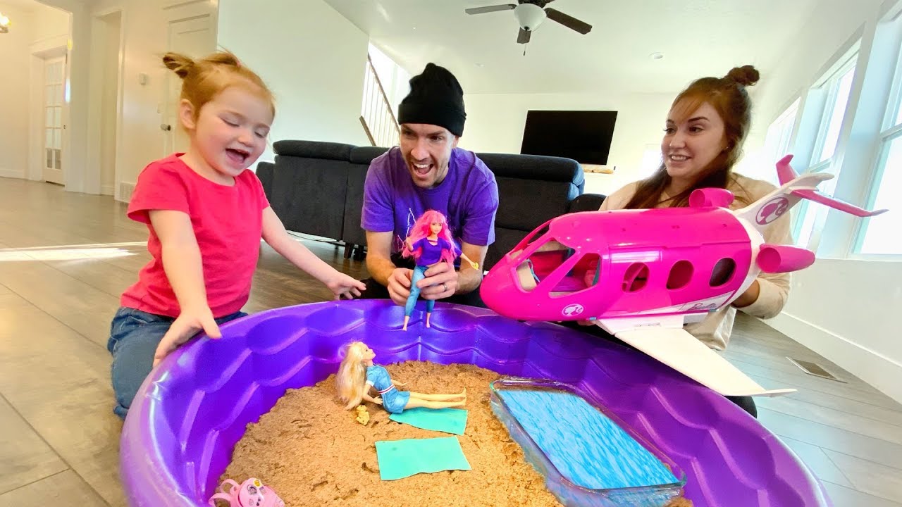 BARBIE BEACH inside our HOUSE!! Dream Plane pretend vacation with swimming pool and pet dogs!