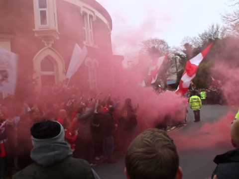 Barcelona Reds with Liverpool FC supporters on Anfield Road - Waiting for the team bus arrival