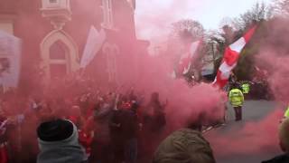 Barcelona Reds with Liverpool FC supporters on Anfield Road - Waiting for the team bus arrival