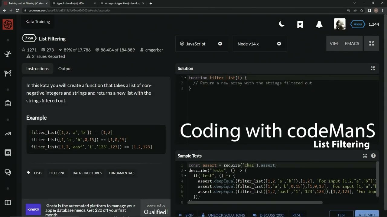 Codewars 7 kyu List Filtering Javascript
