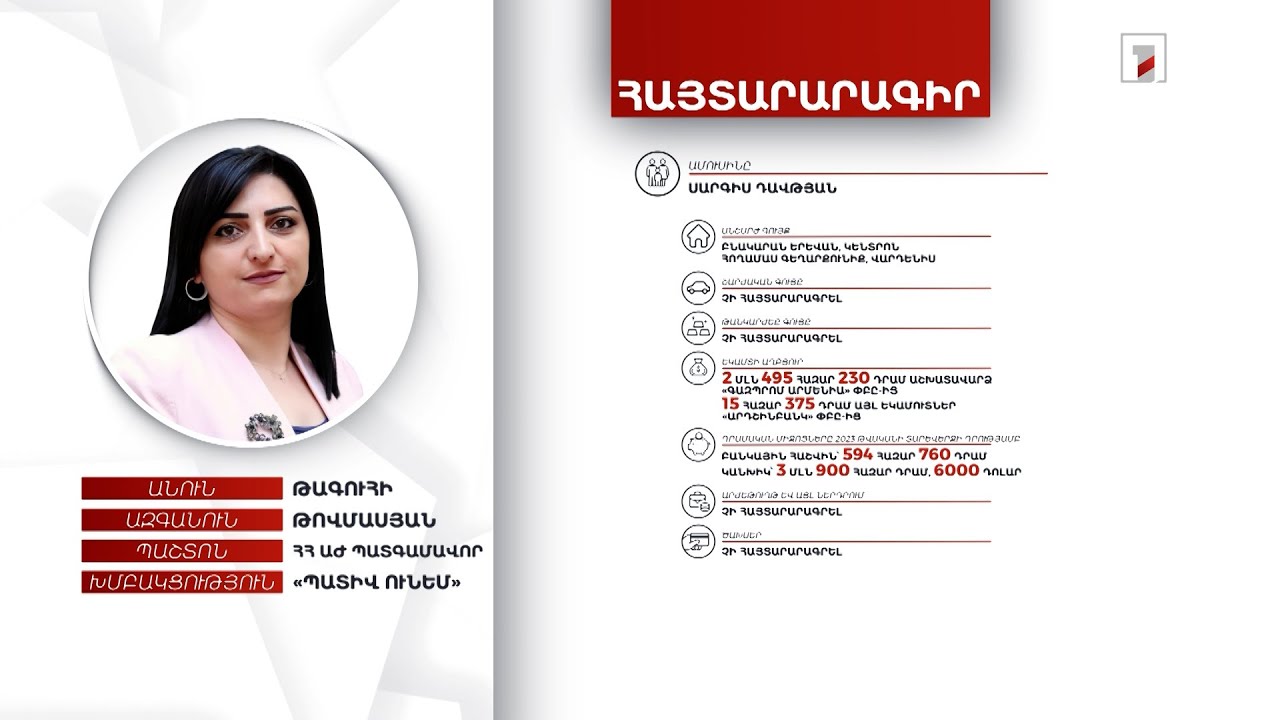 4 անշարժ գույք, 4 մլն 494 հազար դրամ. ՀՀ ԱԺ պատգամավոր Թագուհի Թովմասյանի հայտարարագիրը