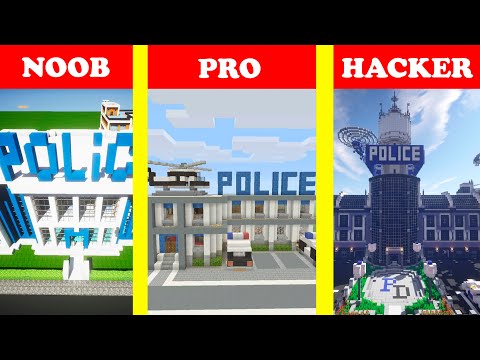Minecraft POLICE STATION HOUSE BUILD CHALLENGE - NOOB vs PRO vs HACKER / Animation