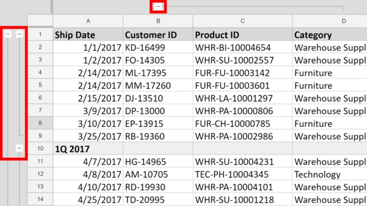 Google Sheets - Group Rows and Columns