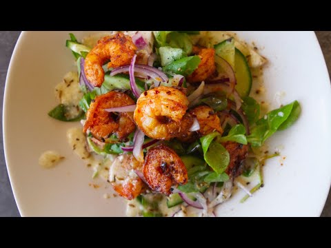 Spicy Grilled Shrimp with Tangy Peach Salad (Easy Summer Salad Made in 20 Minutes!)