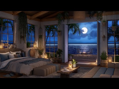 Ocean Waves Sounds At Night 🏝️Crackling Fire Sounds & Ocean Waves For Sleep In a Cozy Island Retreat