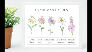 Grandma's Garden Custom Birth Month Flower Print for Mother's Day, Christmas, Birthday