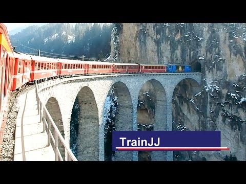 Riding on Swiss Train over the famous Landwasser viaduct | Rhätische Bahn - RhB | Side view ride