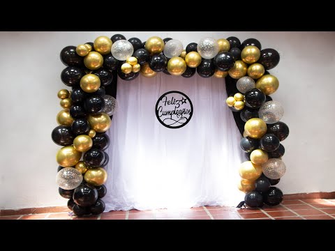 DECORACIÓN DE CUMPLEAÑOS PARA HOMBRE -  DECORACION CON GLOBOS NEGRO Y DORADO