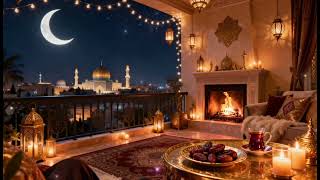 Ramadan Iftar fireplace ambience🌙cozy night balcony & peaceful fire sounds background wallpaper