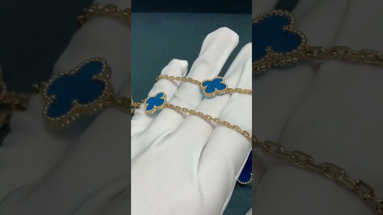 Six-Floral Blue Chalcedony Four-Leaf Clover Necklace, Yellow Gold #jewellery #gold