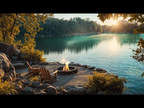 Peaceful Morning by the Lake with Soothing Lake Waves Sounds and Fire Pit