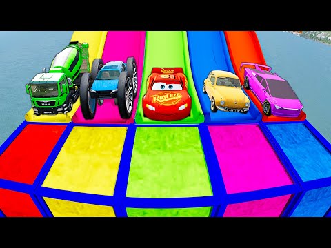 Funny Cars vs Slide Colors with Portal Trap - Lightning Mcqueen vs Slide Color - BeamNG.Drive