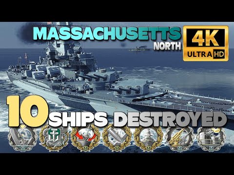 Battleship Massachusetts on map North, 10 ships destroyed - World of Warships