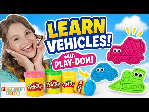 Happy woman beside bright Play-Doh containers and colorful vehicle molds for kids learning vehicles.