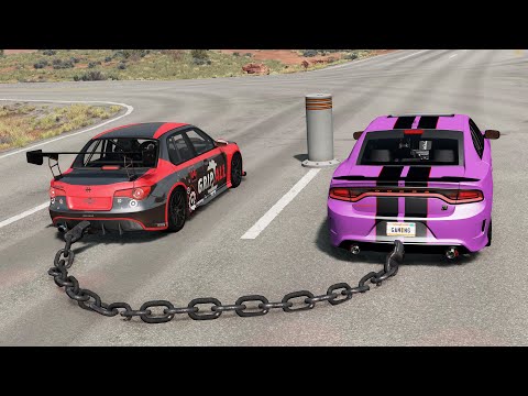 Chained Cars vs Bollards – BeamNG.Drive