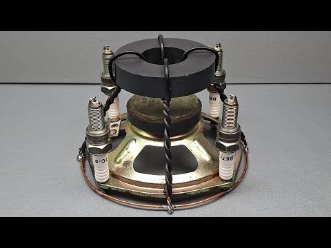 Amazing free energy generator from speaker gear with spark plug! Electricity 220v for home use