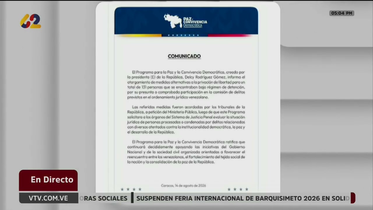 Liberan en Venezuela a 131 privados de libertad con medidas sustitutivas, 14 de agosto de 2026