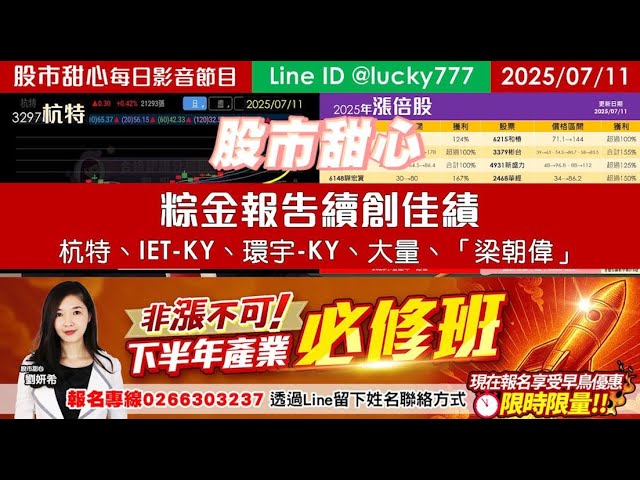 0711【甜心盤後影音】【非漲不可產業必修班，早鳥優惠敬請把握】粽金報告續創佳績～杭特．IET-KY．環宇-KY．大量．「梁朝偉」