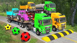TRANSPORTING PIXAR CARS & FRUITS WITH COLORED & JOHN DEERE vs CLAAS vs TRACTORS - BeamNG.drive #