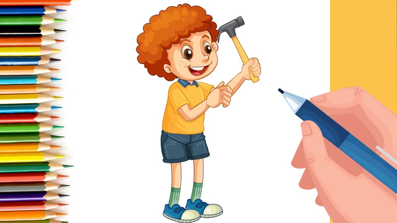 A Boy with hammer drawing | Easy drawing for kids of boy | Easy boy pencil sketch #shorts