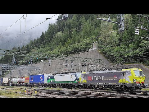 Freight train: TXLeitwolf class 193 departs from Brennero/Brenner (South Tyrol) border station