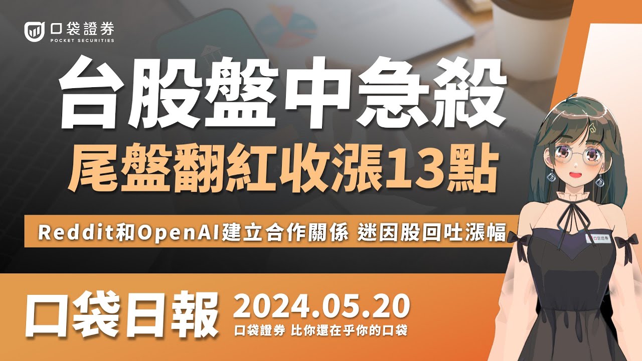 【口袋日報】台股盤中急殺!尾盤翻紅收漲13點,Reddit和OpenAI建立合作關係,迷因股GameStop回吐漲幅!2024.05.20