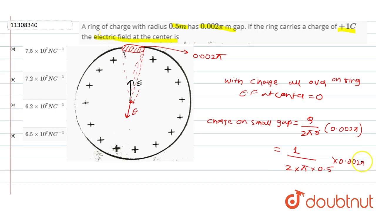 A ring of charge with radius `0.5m` has `0.002 pi` m gap. If the ribg carries a charge of `+1 C`...